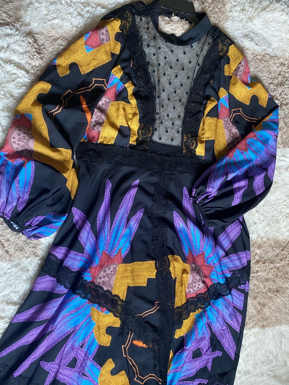 Black Printed Lace-Detail Open Back Maxi Dress with Vibrant Purple & Gold Motif